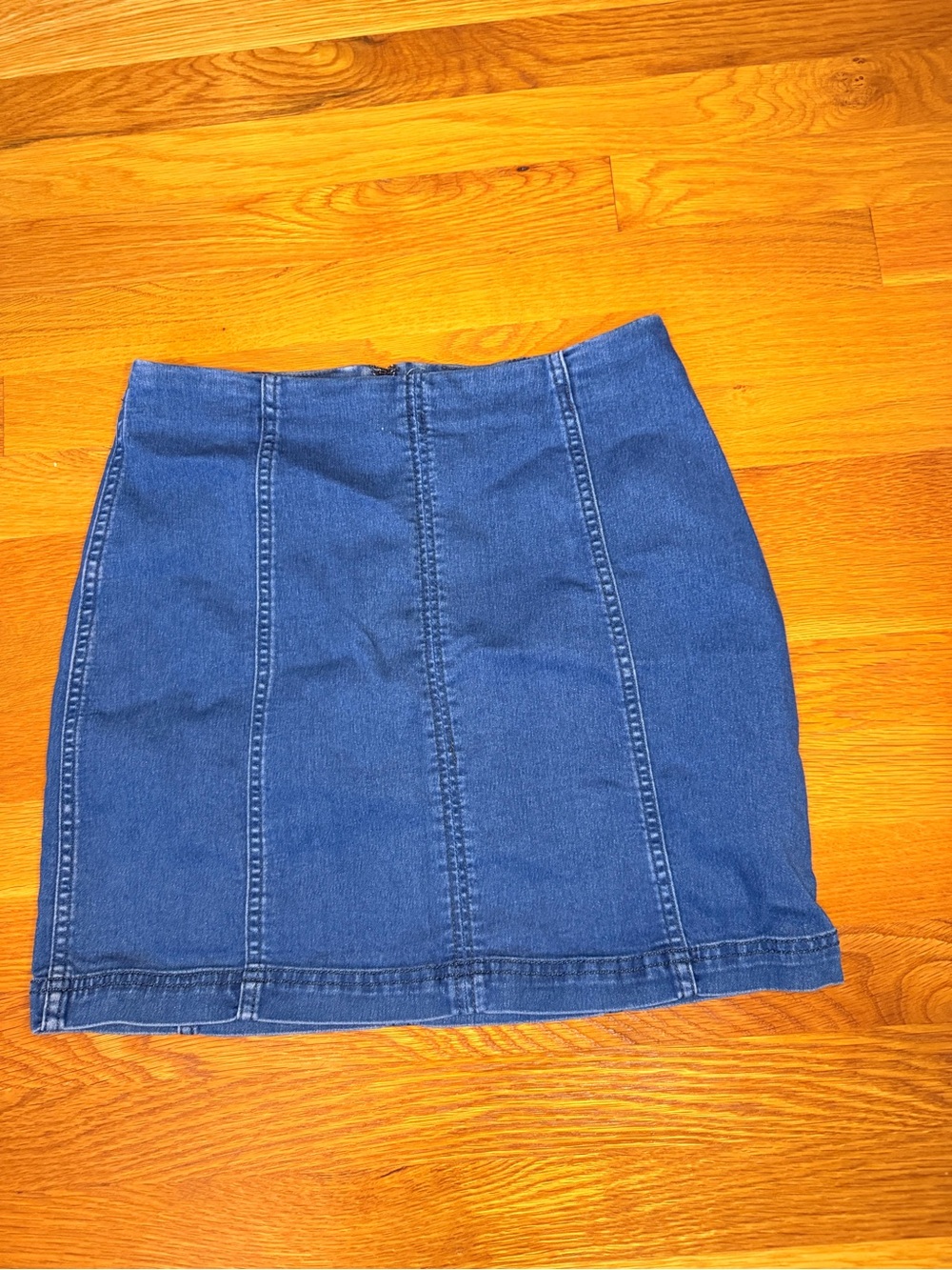 Free People Blue Denim Mini Skirt Size 10 High Waist Seamed Back Zip